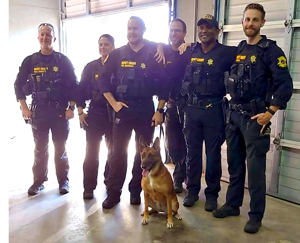 a group of sheriff's deputies pose with a police service dog